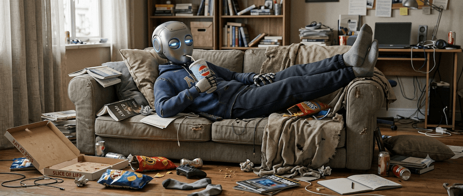 AI bot lounging on the sofa, surrounded by rubbish, drinking a soft drink